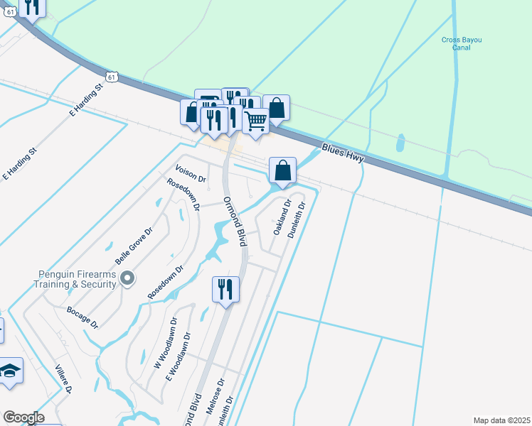 map of restaurants, bars, coffee shops, grocery stores, and more near 45 Parlange Drive in Destrehan