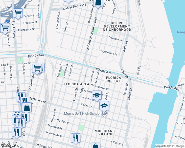 map of restaurants, bars, coffee shops, grocery stores, and more near 3330 Florida Avenue in New Orleans