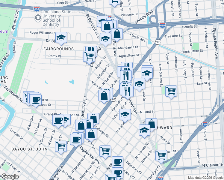 map of restaurants, bars, coffee shops, grocery stores, and more near 1805 Paul Morphy Street in New Orleans