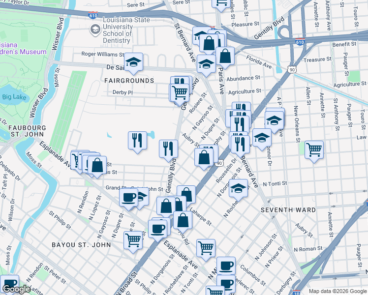 map of restaurants, bars, coffee shops, grocery stores, and more near 1726 Gentilly Boulevard in New Orleans