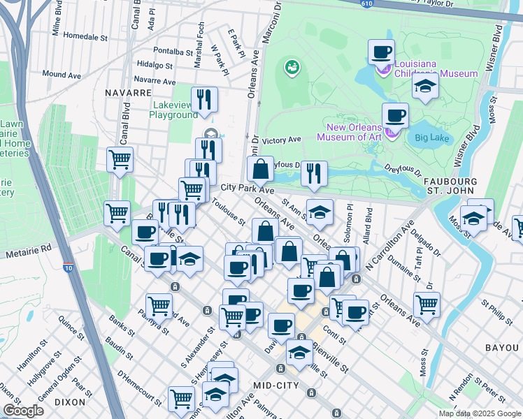 map of restaurants, bars, coffee shops, grocery stores, and more near 4618 Orleans Avenue in New Orleans
