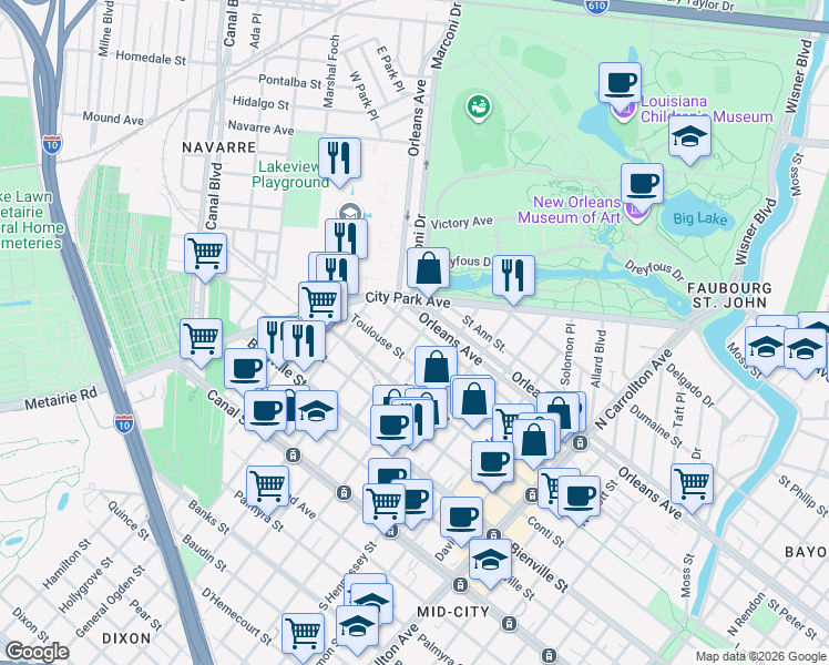 map of restaurants, bars, coffee shops, grocery stores, and more near 4618 Orleans Avenue in New Orleans