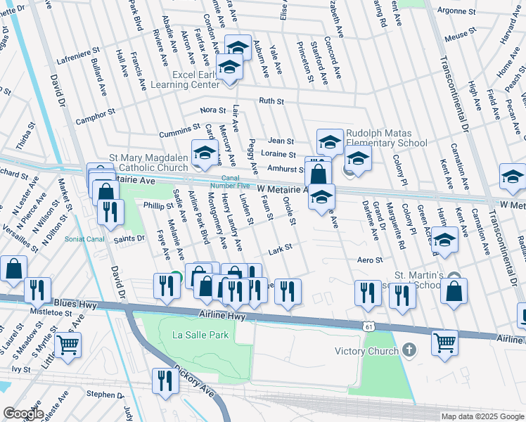 map of restaurants, bars, coffee shops, grocery stores, and more near 830 Faun Street in Metairie