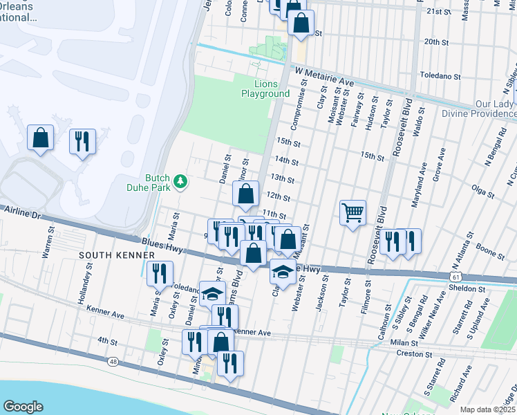 map of restaurants, bars, coffee shops, grocery stores, and more near 2112 12th Street in Kenner