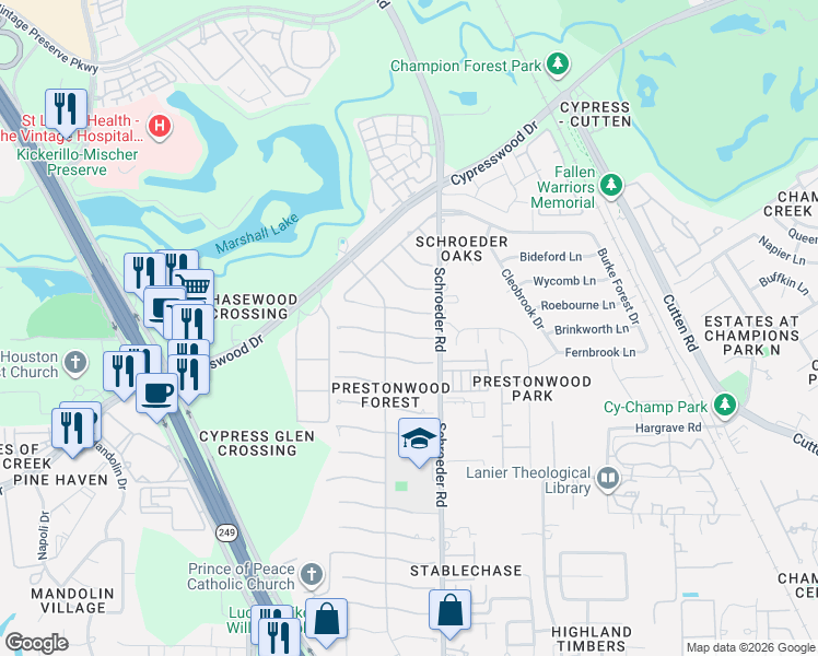 map of restaurants, bars, coffee shops, grocery stores, and more near 8114 Roebourne Lane in Houston