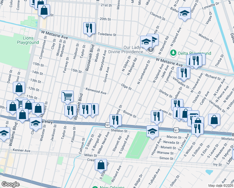 map of restaurants, bars, coffee shops, grocery stores, and more near 509 North Sibley Street in Metairie