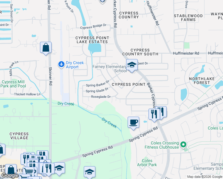 map of restaurants, bars, coffee shops, grocery stores, and more near 16603 Spring Barker Drive in Cypress