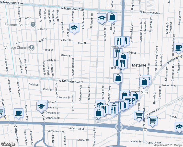 map of restaurants, bars, coffee shops, grocery stores, and more near 1106 Severn Avenue in Metairie