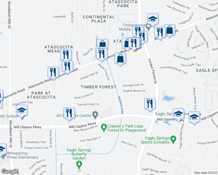 map of restaurants, bars, coffee shops, grocery stores, and more near 18207 Noble Forest Drive in Humble
