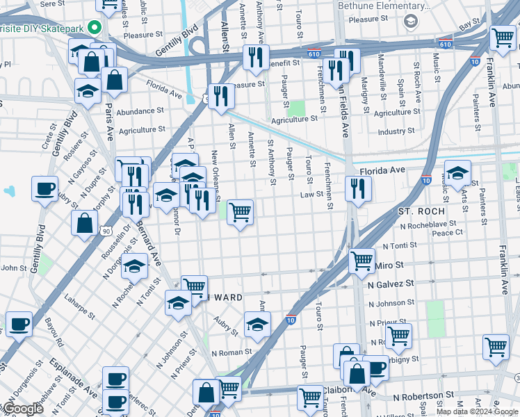 map of restaurants, bars, coffee shops, grocery stores, and more near 2517 Annette Street in New Orleans