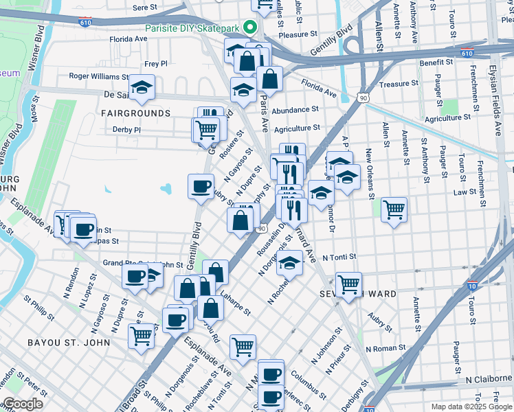 map of restaurants, bars, coffee shops, grocery stores, and more near 1805 Paul Morphy Street in New Orleans