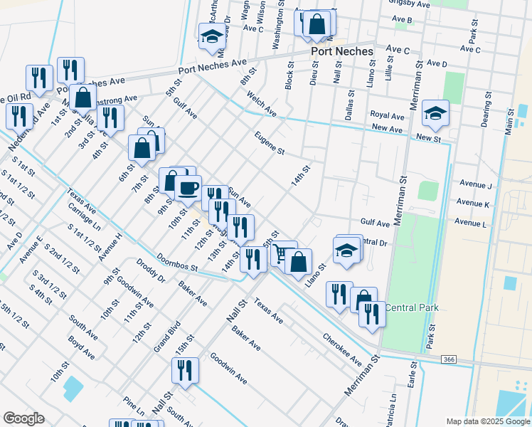 map of restaurants, bars, coffee shops, grocery stores, and more near 1102 Sun Avenue in Port Neches