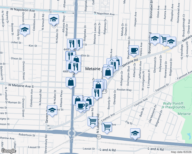 map of restaurants, bars, coffee shops, grocery stores, and more near in Metairie