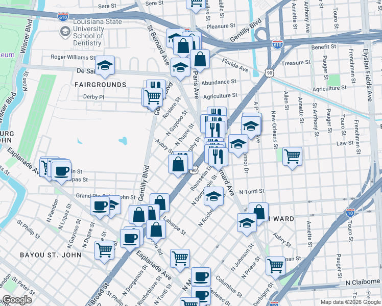 map of restaurants, bars, coffee shops, grocery stores, and more near 1805 Paul Morphy Street in New Orleans