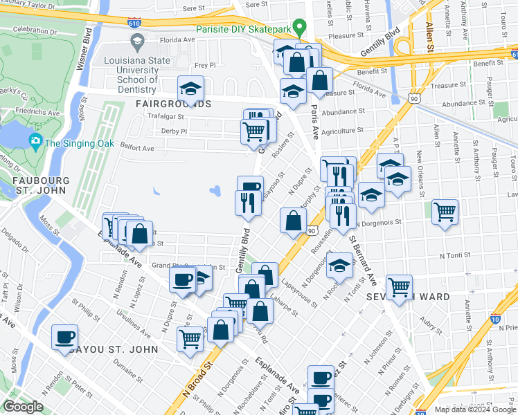 map of restaurants, bars, coffee shops, grocery stores, and more near 1726 Gentilly Boulevard in New Orleans