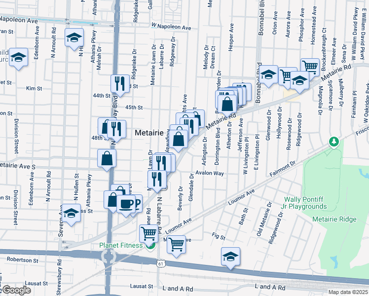 map of restaurants, bars, coffee shops, grocery stores, and more near 132 Metairie Heights Avenue in Metairie