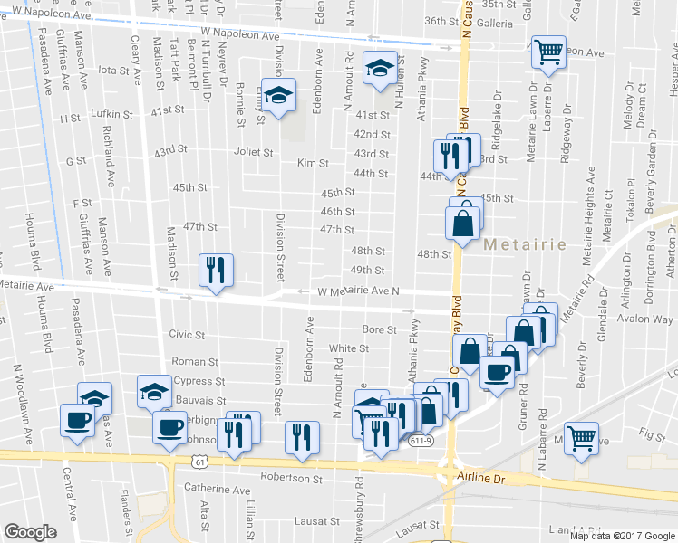 map of restaurants, bars, coffee shops, grocery stores, and more near 1100 North Arnoult Road in Metairie