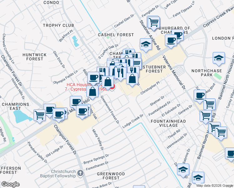 map of restaurants, bars, coffee shops, grocery stores, and more near 5003 Farm to Market 1960 Road West in Houston