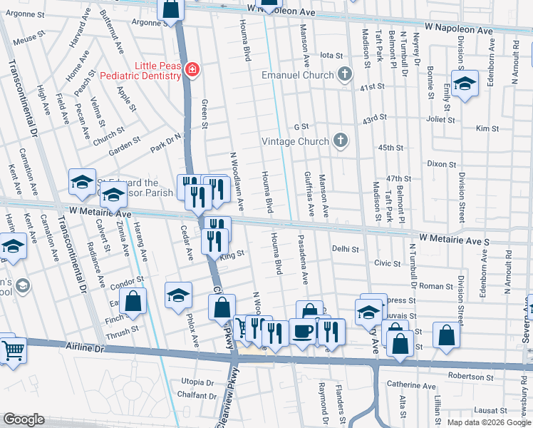 map of restaurants, bars, coffee shops, grocery stores, and more near 4209 Wichita Street in Metairie
