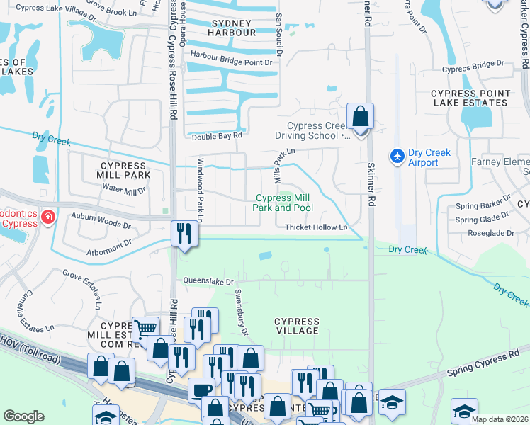 map of restaurants, bars, coffee shops, grocery stores, and more near 14638 Hazy Ridge Lane in Cypress