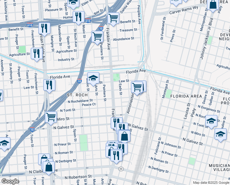 map of restaurants, bars, coffee shops, grocery stores, and more near 2508 Eads Street in New Orleans