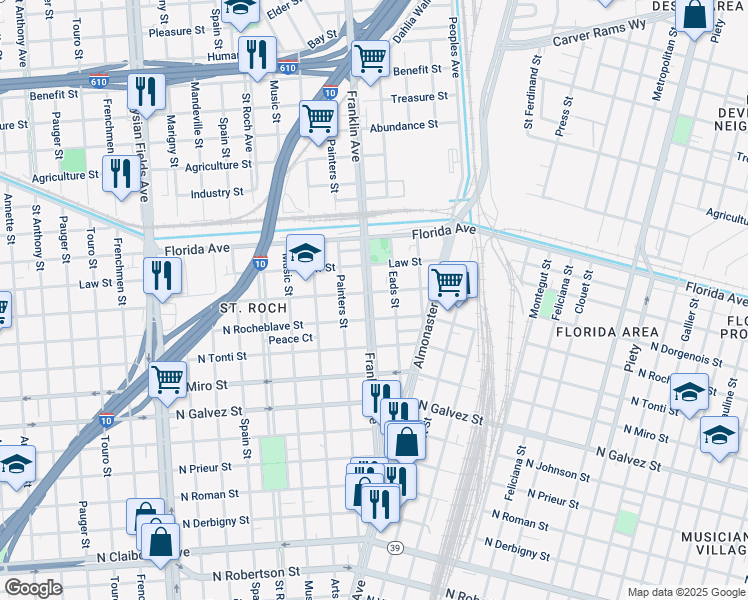 map of restaurants, bars, coffee shops, grocery stores, and more near 2508 Eads Street in New Orleans
