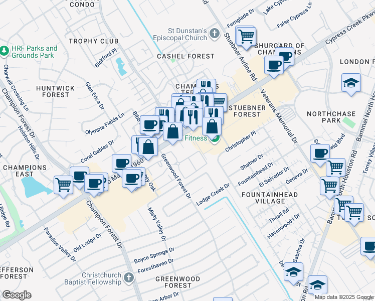map of restaurants, bars, coffee shops, grocery stores, and more near 5003 Farm to Market 1960 Road West in Houston