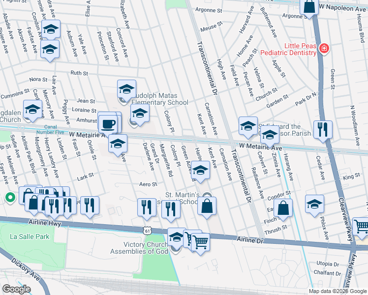 map of restaurants, bars, coffee shops, grocery stores, and more near 814 Green Acres Road in Metairie