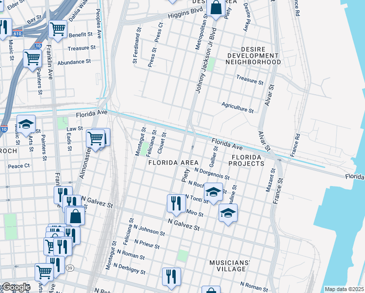 map of restaurants, bars, coffee shops, grocery stores, and more near Louisa Street in New Orleans