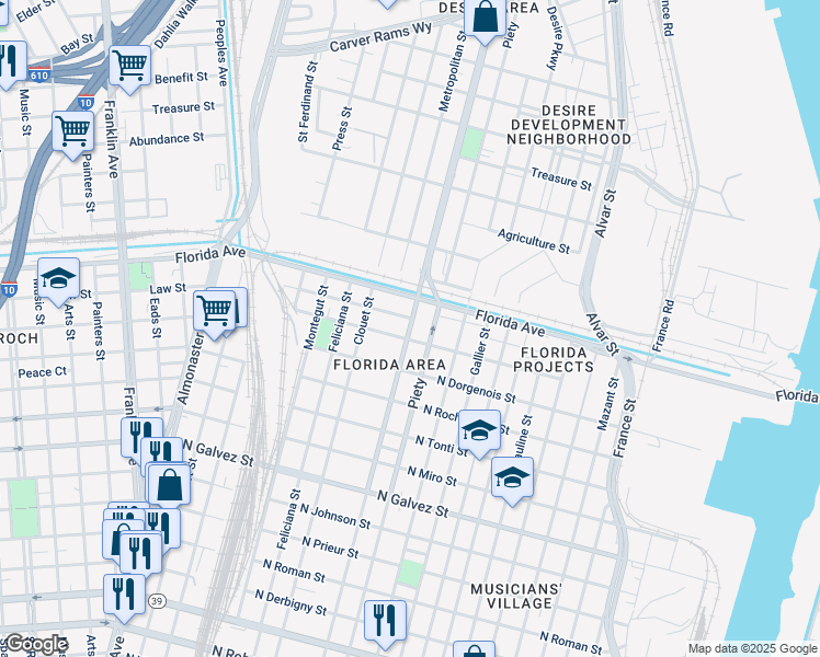 map of restaurants, bars, coffee shops, grocery stores, and more near Louisa Street in New Orleans