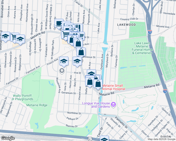 map of restaurants, bars, coffee shops, grocery stores, and more near 140 Carrollton Avenue in Metairie