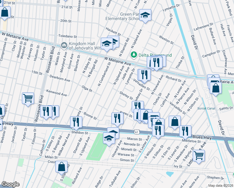 map of restaurants, bars, coffee shops, grocery stores, and more near 512 Lynnette Drive in Metairie