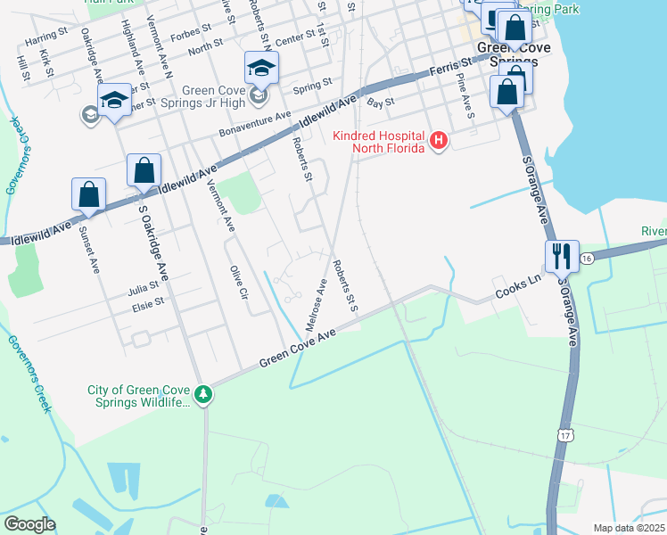 map of restaurants, bars, coffee shops, grocery stores, and more near 1107 Roberts Street South in Green Cove Springs