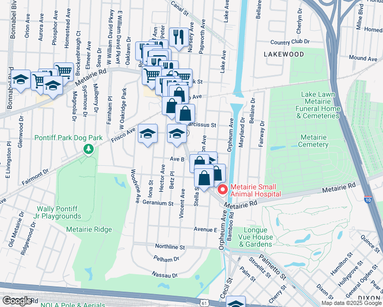map of restaurants, bars, coffee shops, grocery stores, and more near 204 Carrollton Avenue in Metairie