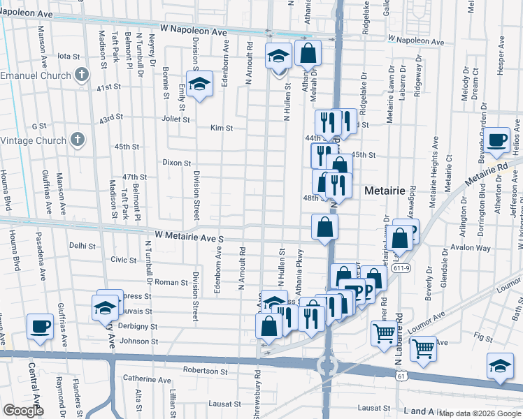 map of restaurants, bars, coffee shops, grocery stores, and more near 1106 Severn Avenue in Metairie