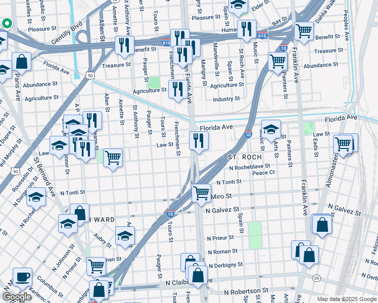 map of restaurants, bars, coffee shops, grocery stores, and more near 2538 Elysian Fields Avenue in New Orleans