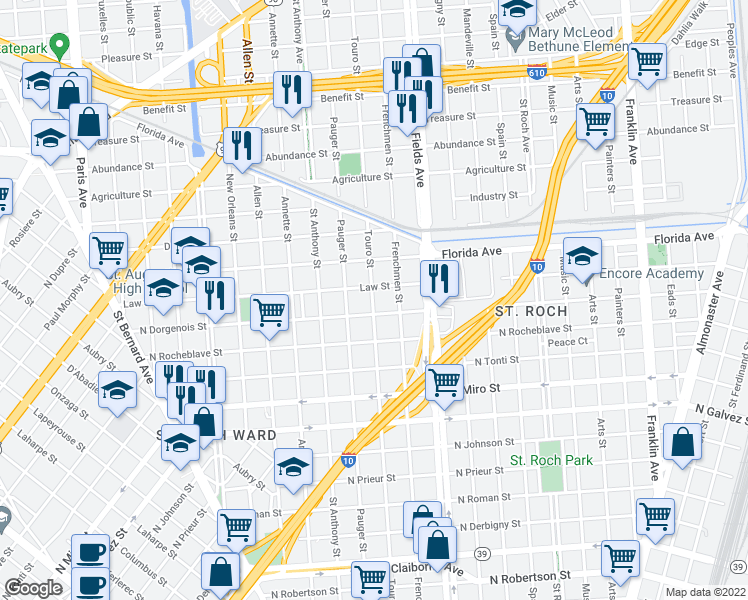 map of restaurants, bars, coffee shops, grocery stores, and more near 2144 Law Street in New Orleans