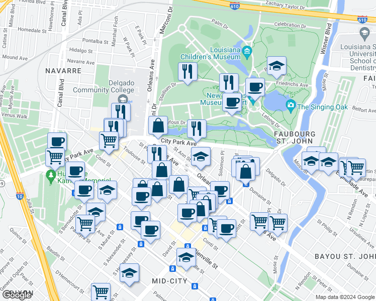 map of restaurants, bars, coffee shops, grocery stores, and more near 866 City Park Avenue in New Orleans