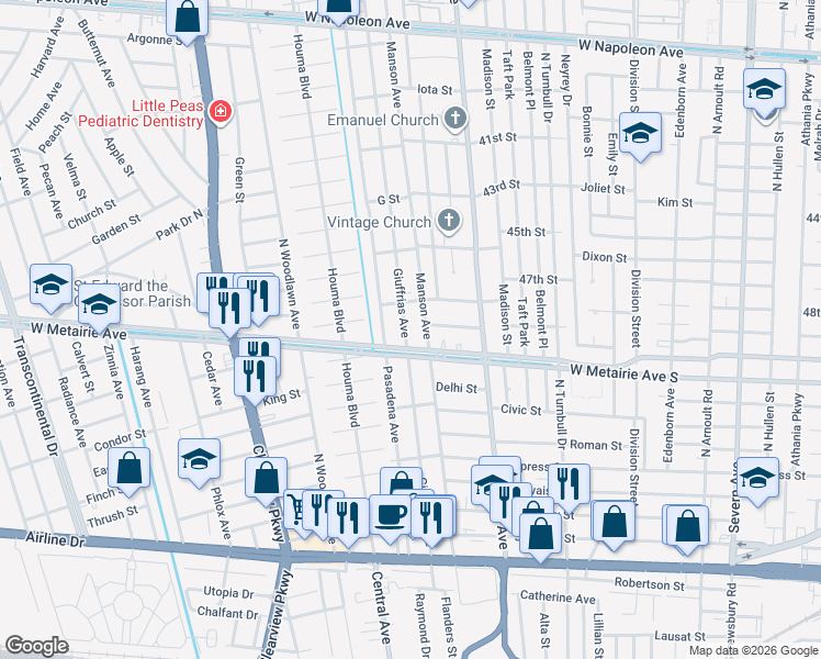 map of restaurants, bars, coffee shops, grocery stores, and more near 1029 Manson Avenue in Metairie