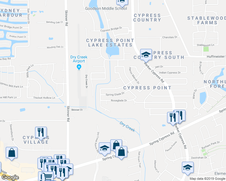 map of restaurants, bars, coffee shops, grocery stores, and more near 16707 Spring Barker Drive in Cypress
