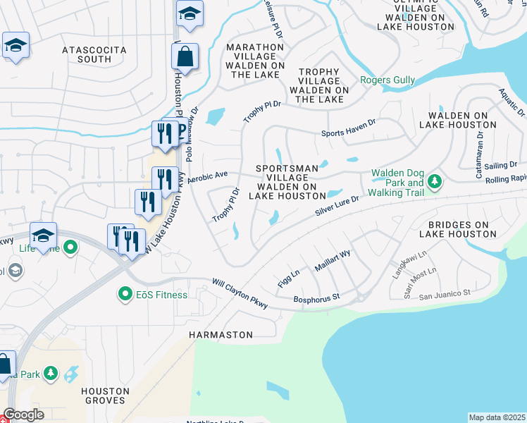 map of restaurants, bars, coffee shops, grocery stores, and more near 7807 Deerwood Lake Drive in Humble
