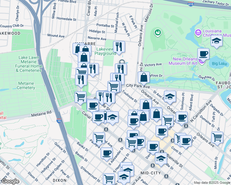 map of restaurants, bars, coffee shops, grocery stores, and more near 520 City Park Avenue in New Orleans