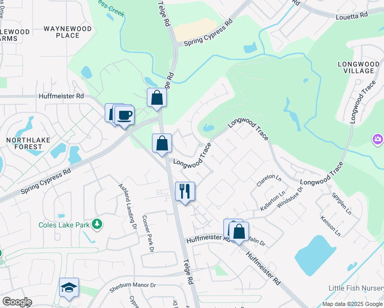 map of restaurants, bars, coffee shops, grocery stores, and more near 15002 Chestnut Glen Lane in Cypress
