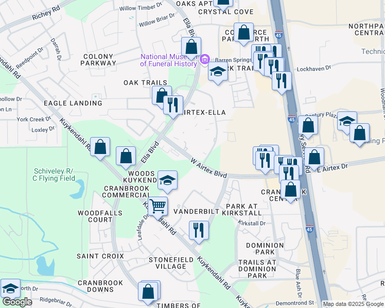 map of restaurants, bars, coffee shops, grocery stores, and more near 31 West Airtex Boulevard in Houston