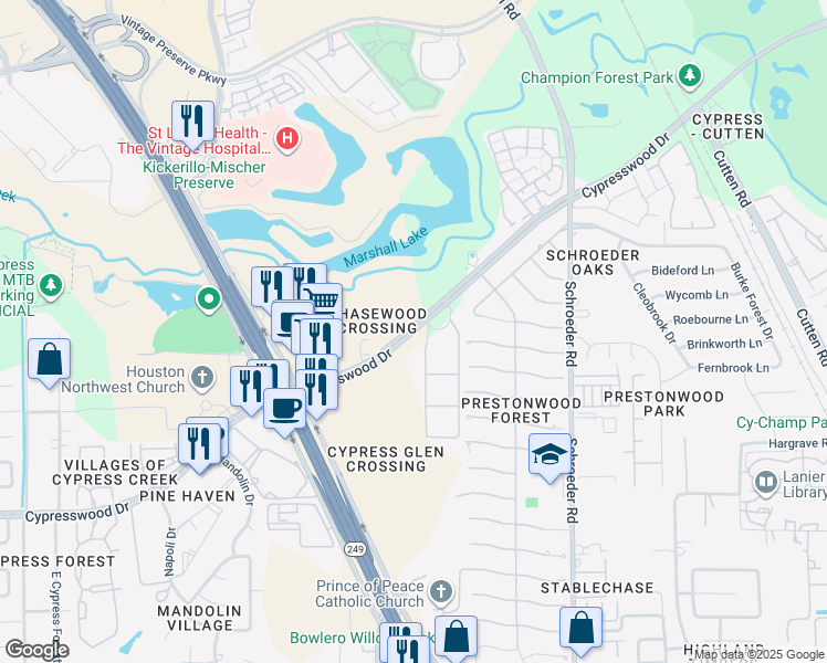 map of restaurants, bars, coffee shops, grocery stores, and more near 9901 Cypresswood Drive in Houston