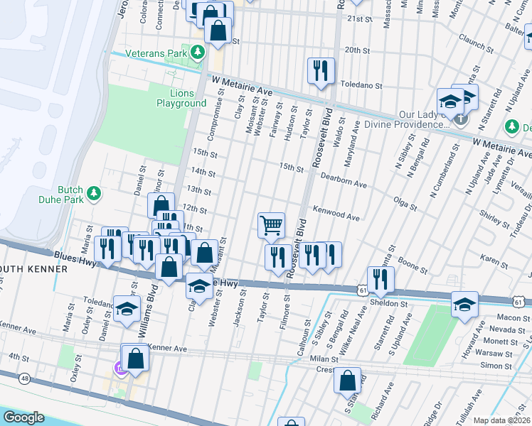 map of restaurants, bars, coffee shops, grocery stores, and more near 1236 Fairway Street in Kenner