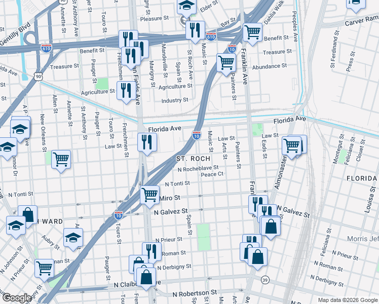 map of restaurants, bars, coffee shops, grocery stores, and more near 2522 Saint Roch Avenue in New Orleans