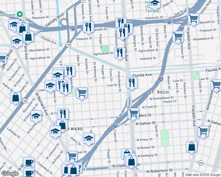 map of restaurants, bars, coffee shops, grocery stores, and more near 2144 Law Street in New Orleans