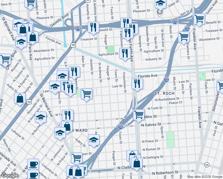 map of restaurants, bars, coffee shops, grocery stores, and more near 3239 Pauger Street in New Orleans