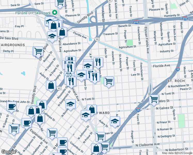 map of restaurants, bars, coffee shops, grocery stores, and more near 8 A P Tureaud Avenue in New Orleans